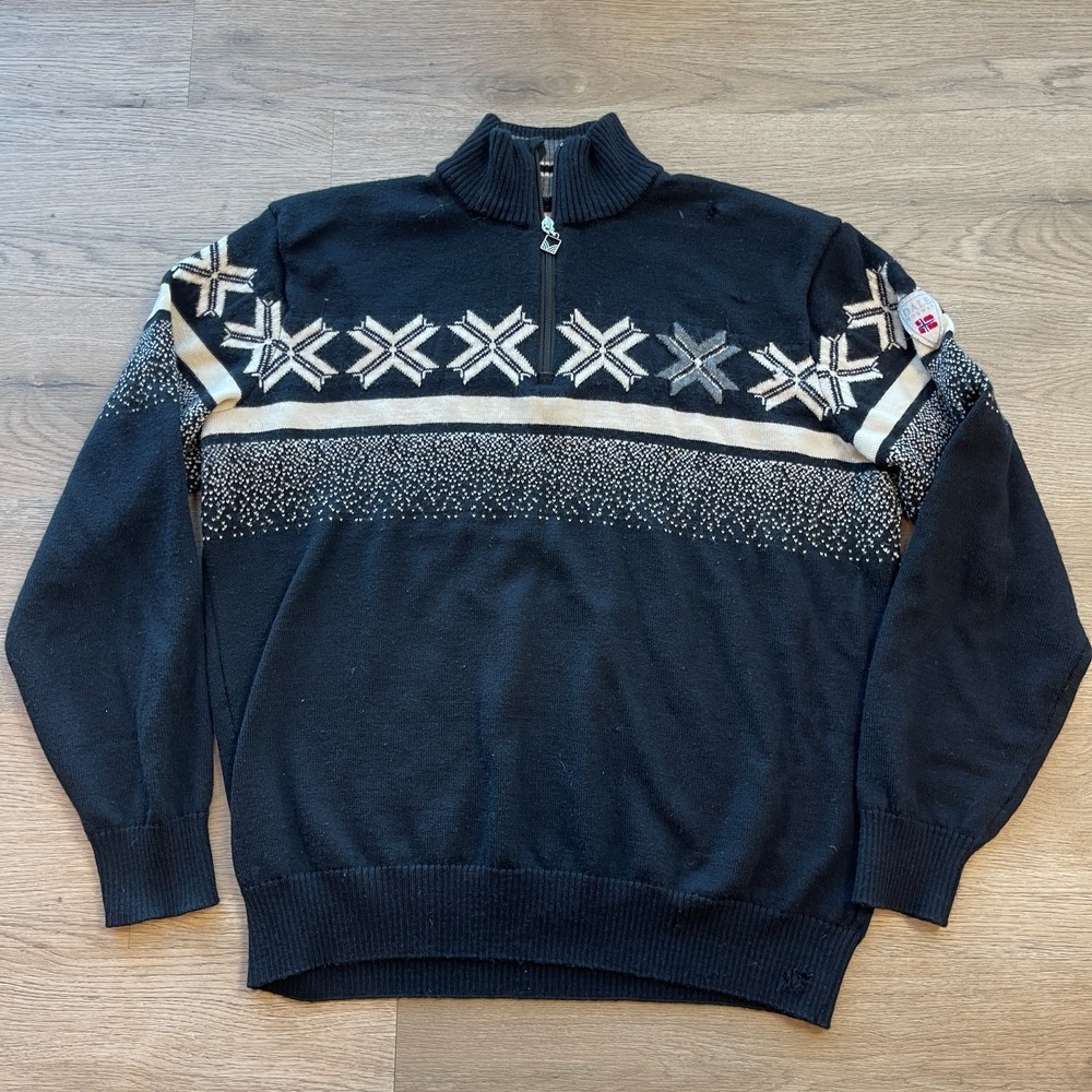 Dale of Norway Wool Sweater Mens XXL Black Nordic Snowflake Quarter Zip Flaws